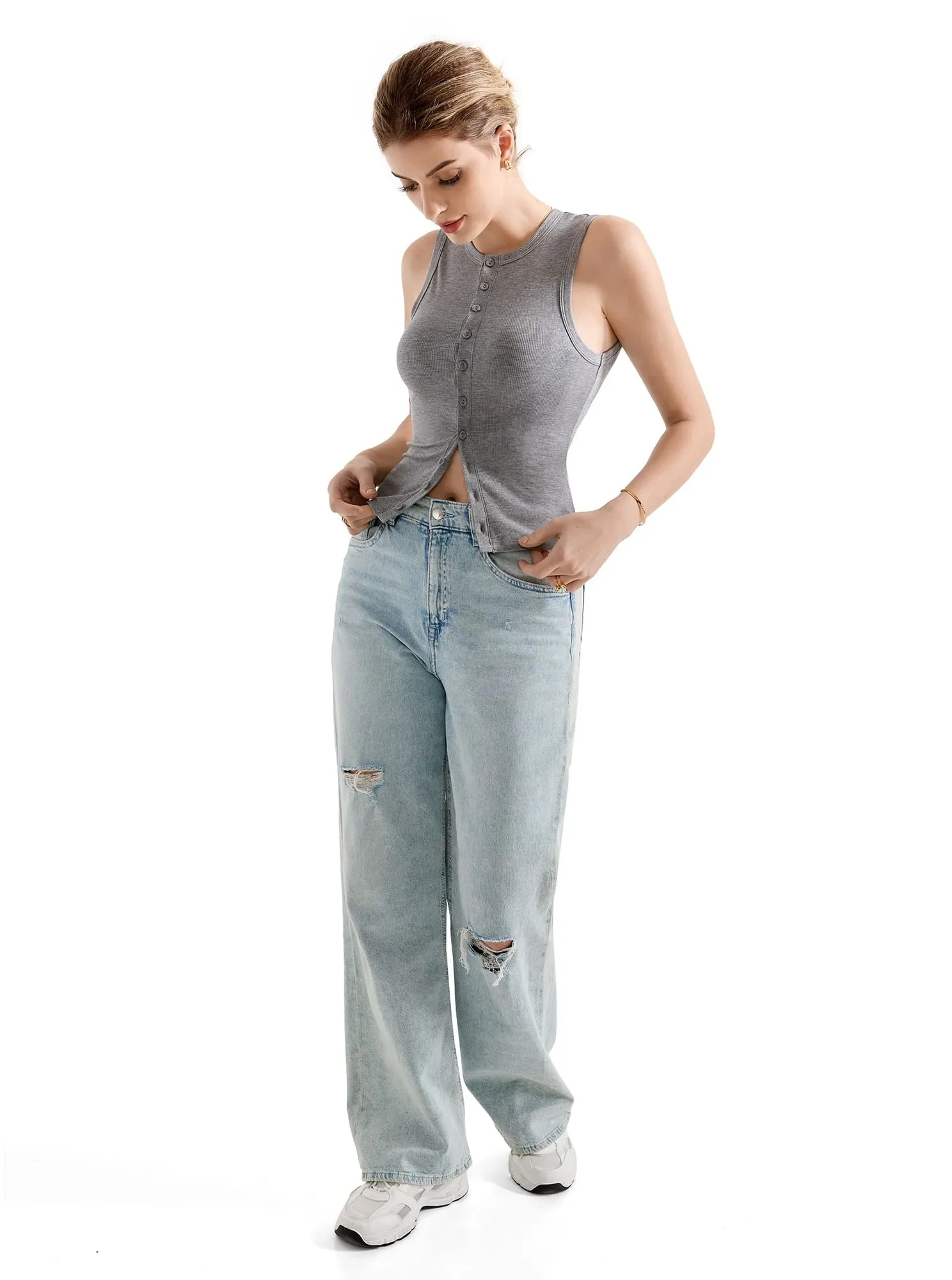 Cotton Ribbed Button Tank Top - Image 14