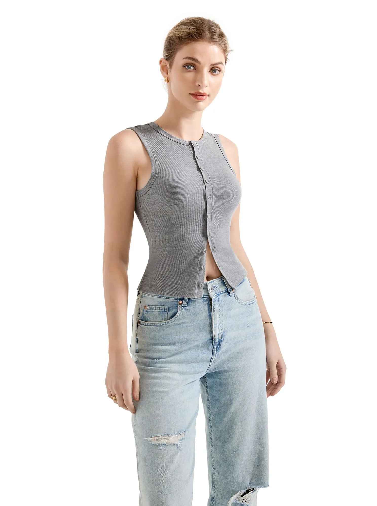 Cotton Ribbed Button Tank Top - Image 17
