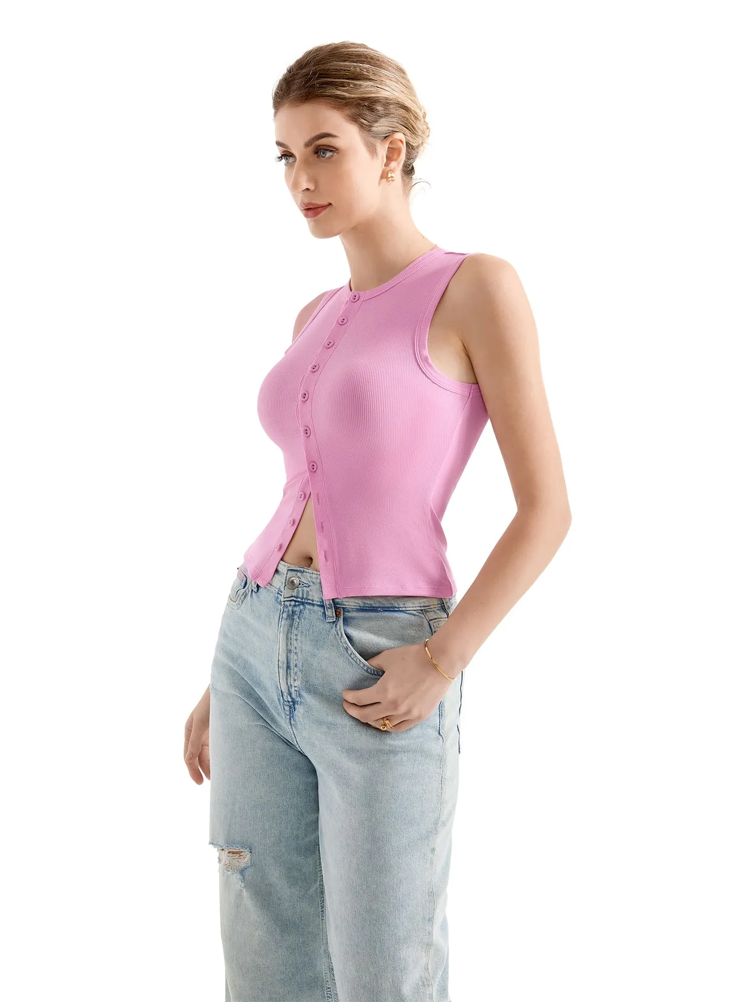 Cotton Ribbed Button Tank Top - Image 33