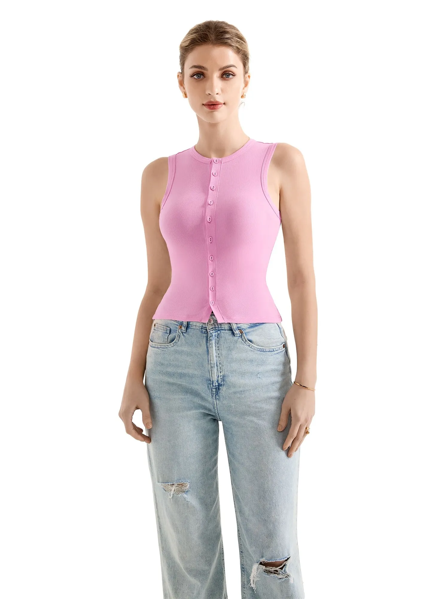 Cotton Ribbed Button Tank Top - Image 36