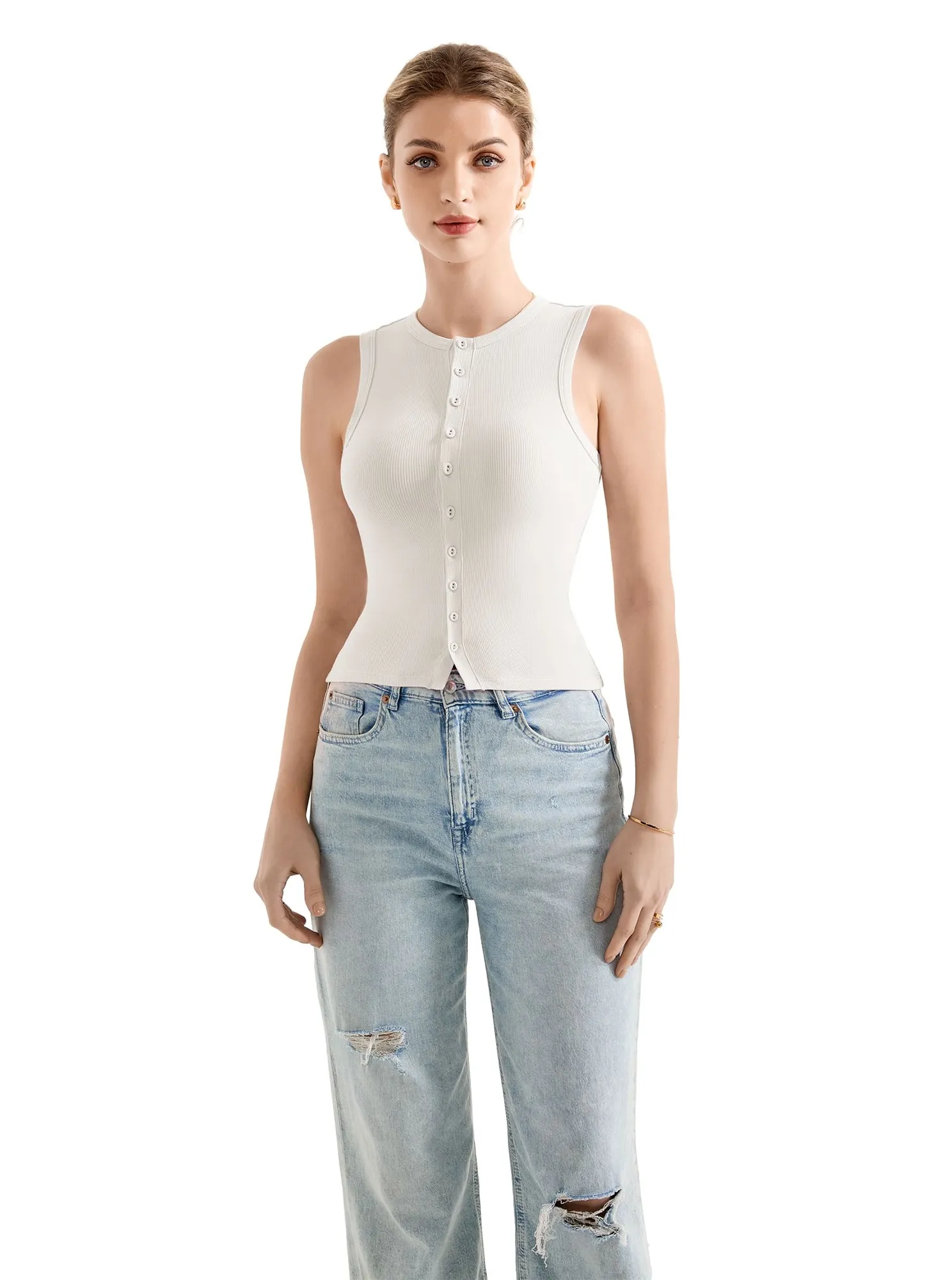 Cotton Ribbed Button Tank Top - Image 37