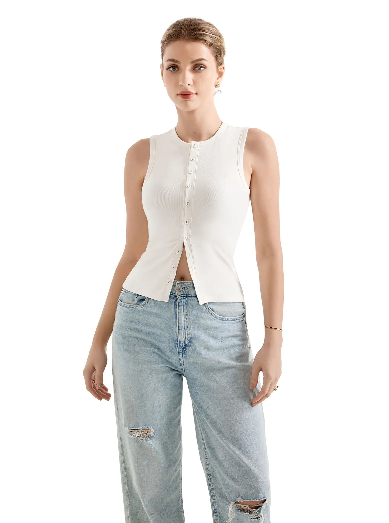 Cotton Ribbed Button Tank Top - Image 38