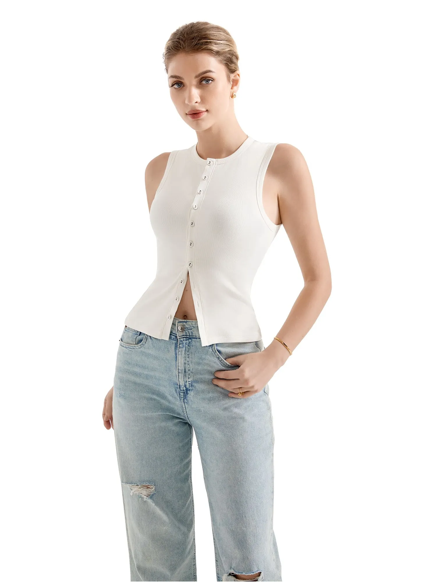 Cotton Ribbed Button Tank Top - Image 39
