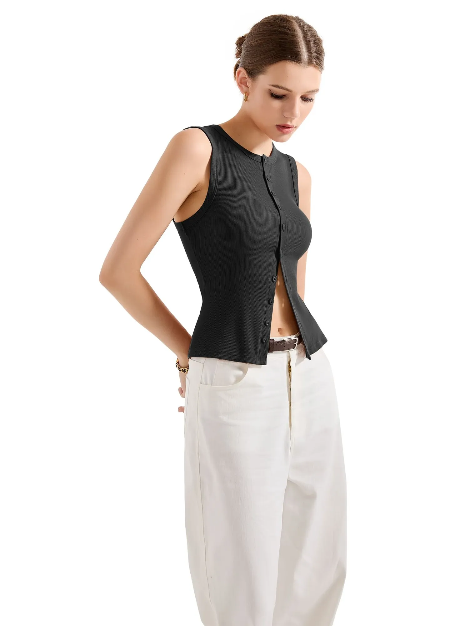 Cotton Ribbed Button Tank Top - Image 4