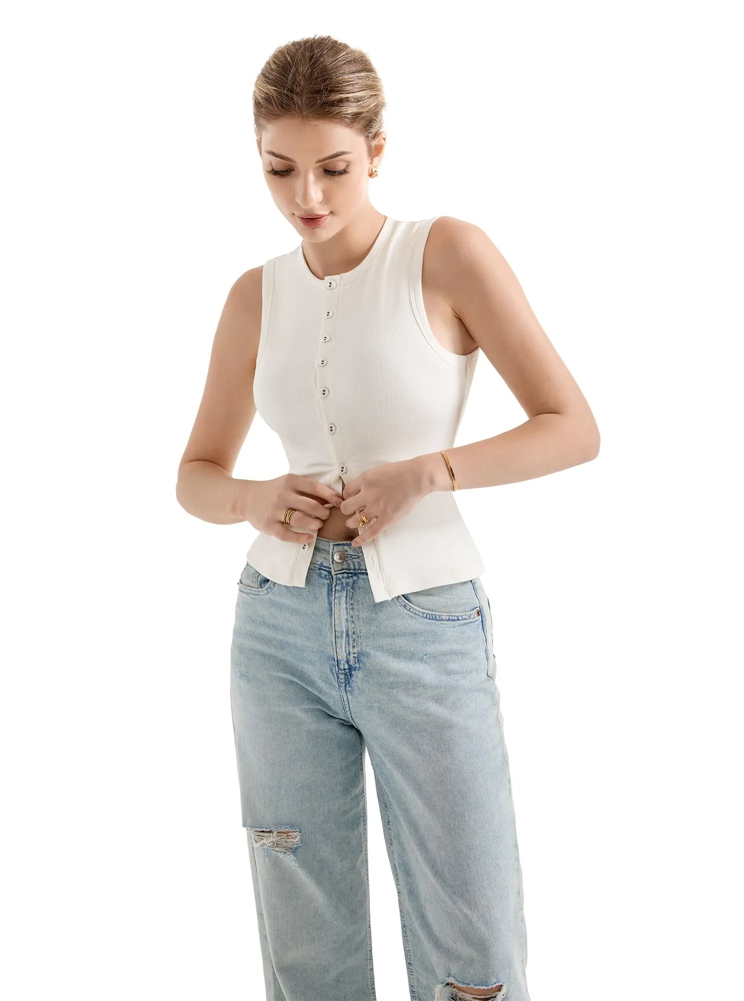 Cotton Ribbed Button Tank Top - Image 40