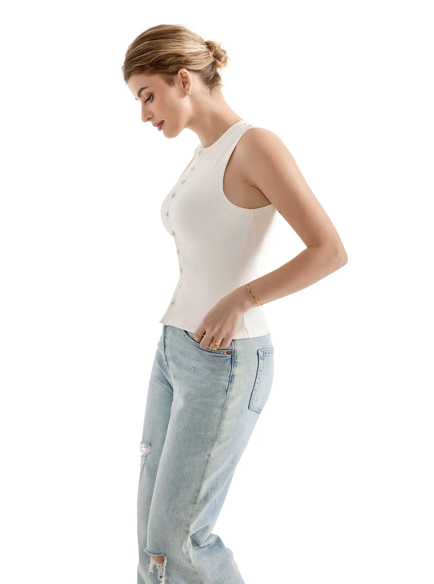 Cotton Ribbed Button Tank Top - Image 42