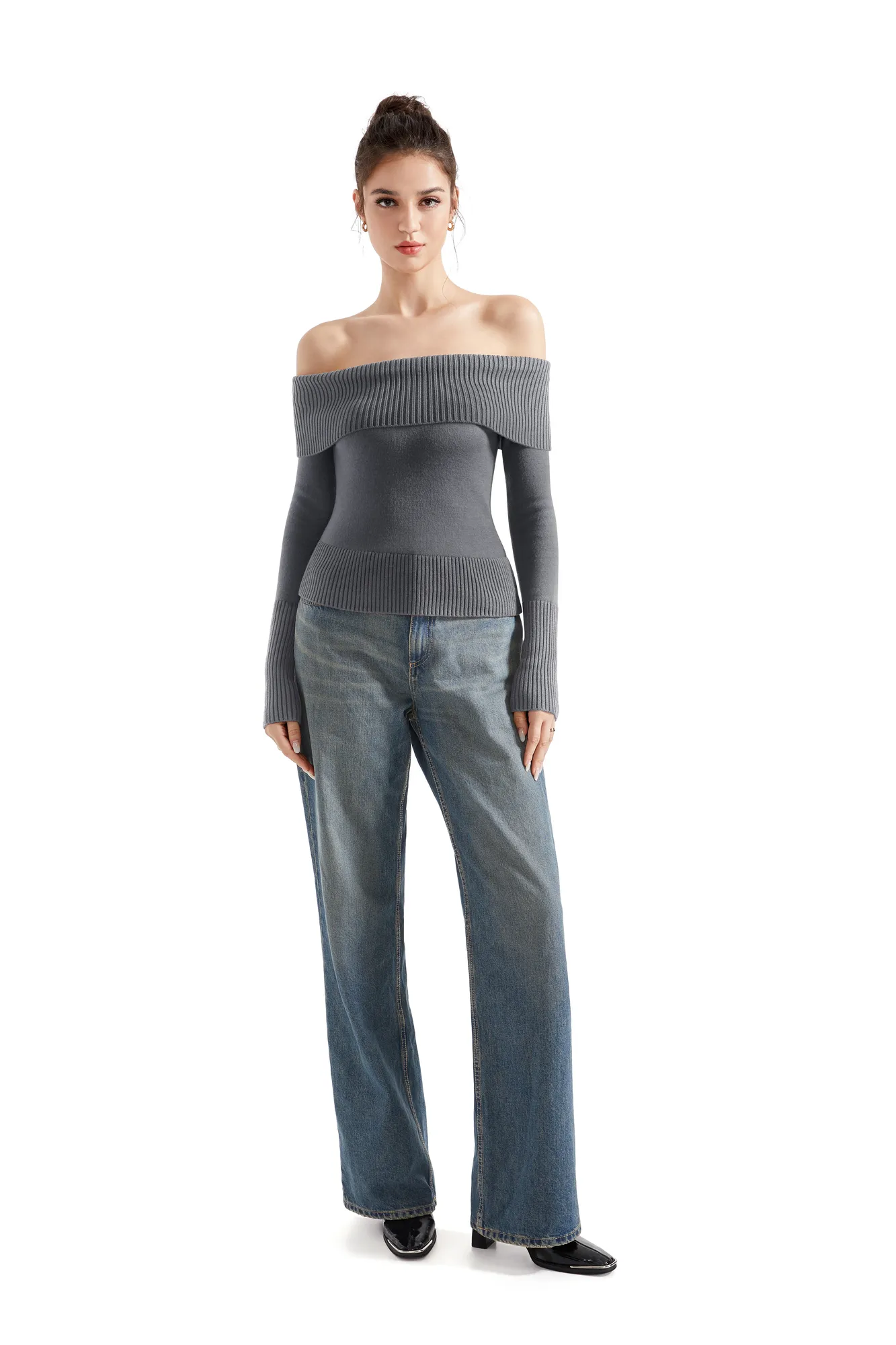 Ribbed Off Shoulder Shirt - Long Sleeve - Image 36